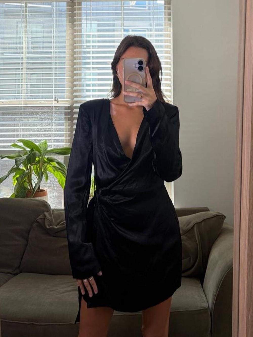 WeWoreWhat black satin long sleeve mini dress
